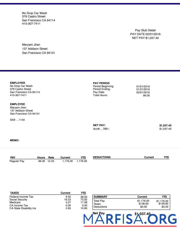 Blank Car Wash Paystub sample